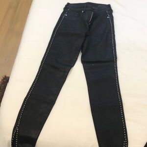 All Saints black shiny skinny jeans with metal detail